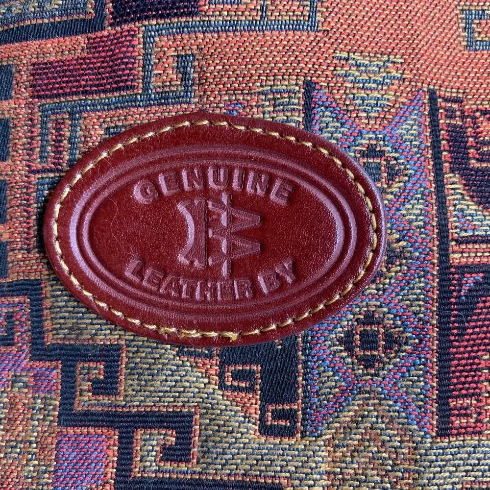 Vintage Southwestern Tapestry Carpet Bag Leather Trim Weekender Tote Satchel